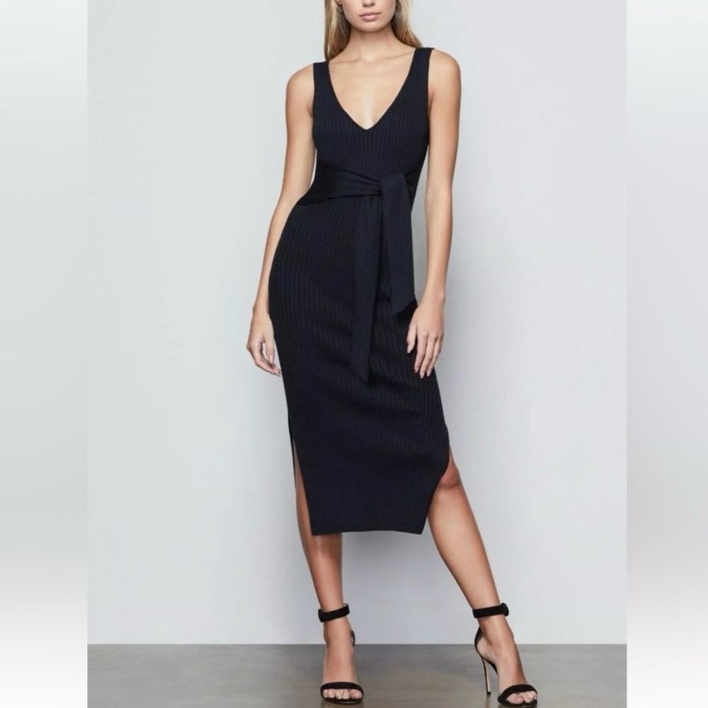 Good American Belted Body Dress Black Ribbed Bodycon Sleeveless Midi Size 1